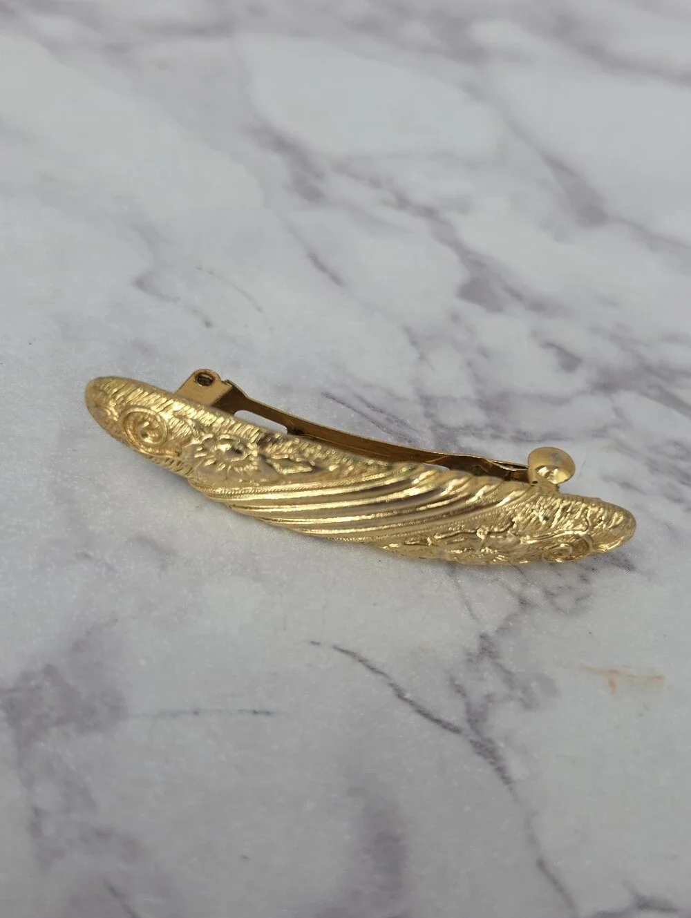 Vintage French Hair Barrettes Gold-Tone Vintage Floral Filigree Pearl Accent